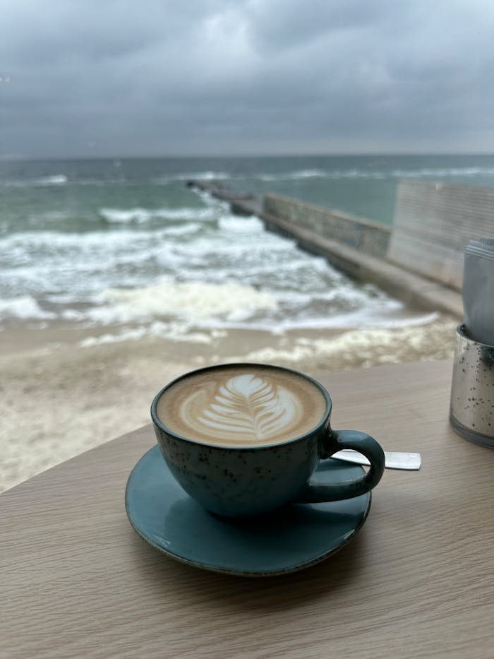 A relaxing café latte with beautiful sea view in Odessa, Ukraine.