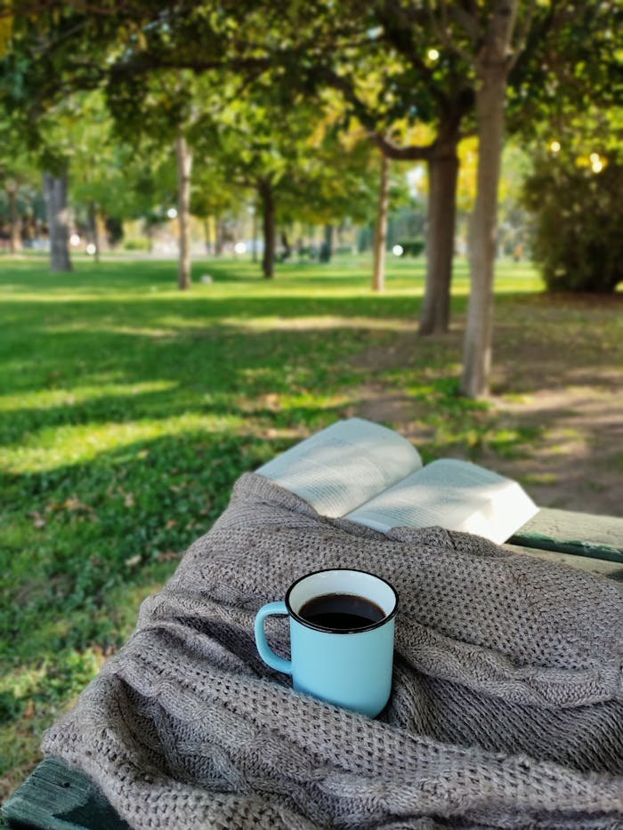 Tranquil outdoor setting with coffee and book on blanket in the park.